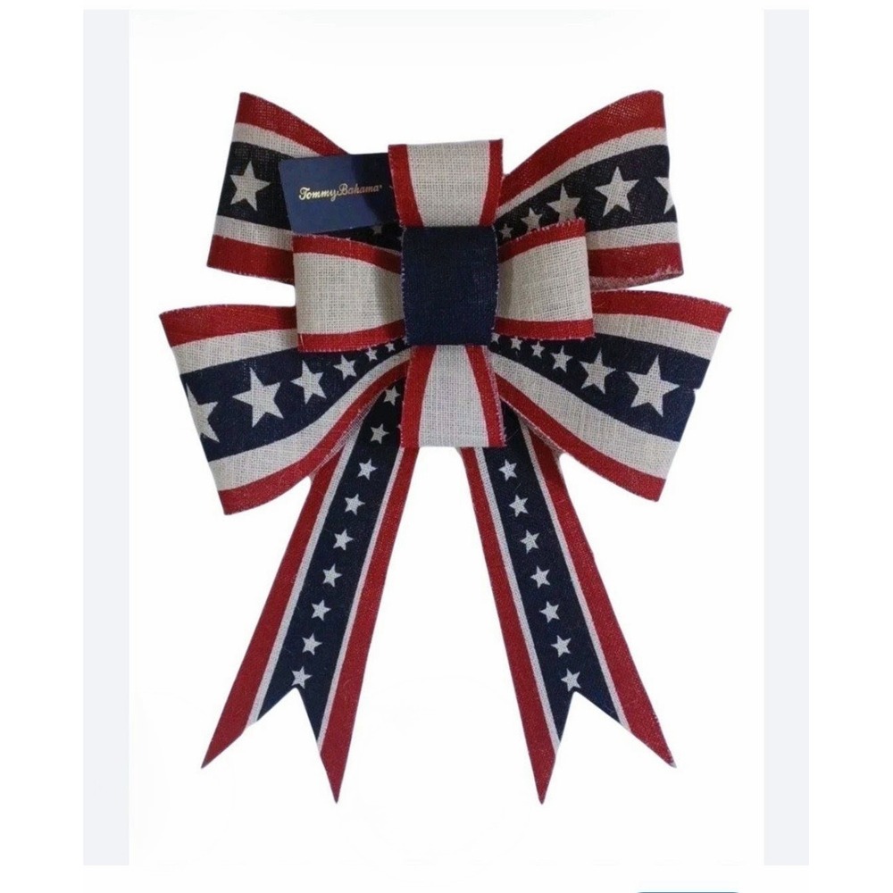 Tommy Bahama Patriotic Stars and Stripes Burlap Decorative Bow Red White Blue